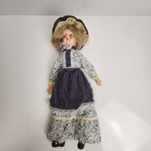 Country Themed Bisque Doll w/ Hat Dress & Painted on Shoes Porcelain Lady